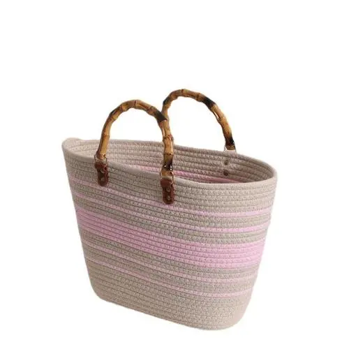 Striped Large Capacity Cotton Woven New Bamboo French Retro Straw Portable Beach Women'S Bag
