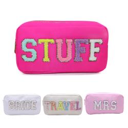 Keymay No MOQ Personalized Cute Beauty Toiletry Bag Nylon Travel Makeup Pouch Chenille Patches Letter Cosmetic Bag