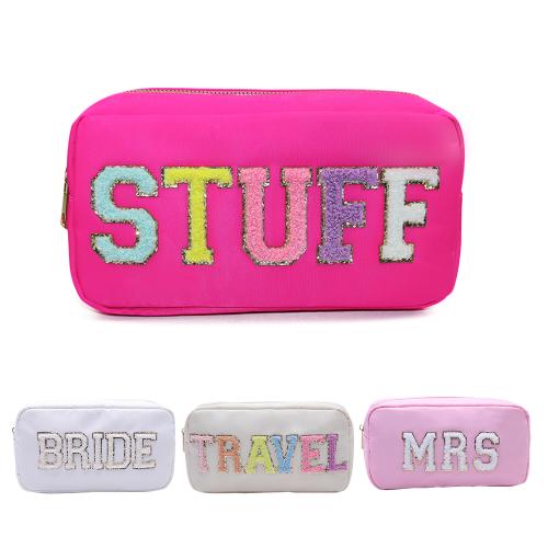 Keymay No MOQ Personalized Cute Beauty Toiletry Bag Nylon Travel Makeup Pouch Chenille Patches Letter Cosmetic Bag