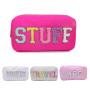 Keymay No MOQ Personalized Cute Beauty Toiletry Bag Nylon Travel Makeup Pouch Chenille Patches Letter Cosmetic Bag