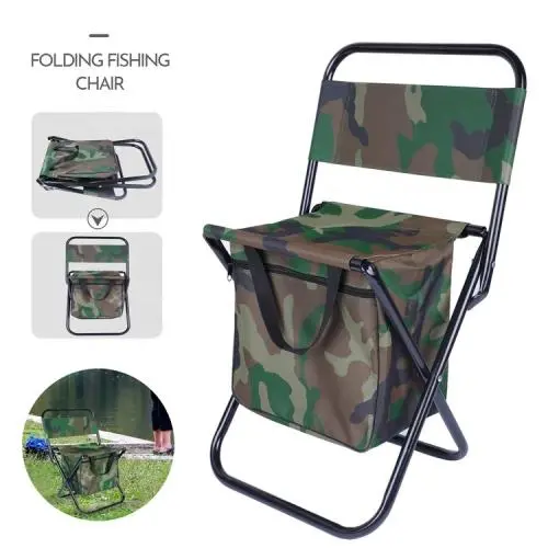 Camouflage Camping Chair Folding Backrest Camping Fishing Chair Stool Backpack with Cooler Insulated Picnic Bag