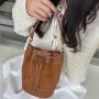 Faux suede Joining PU Bucket bag 2023 autumn casual Drawstring Ruffles cylinder Small crossbody bag for women