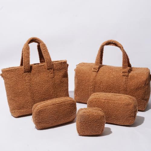 Stock 5pcs Cute Bear Fluffy Bag Winter Fleece Tote Bag, Large Capacity Cosmetic Bag Luggage Packing Organizers Travel Set