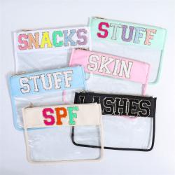 Keymay RTS Fast Shipping 19 Colors Personalized Chenille Letter Patches Travel Pouches Waterproof Cosmetic Bag Clear Makeup Bag