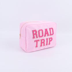 New Fashion Wholesale Nylon Waterproof Zipper Makeup Bags Custom Designer Embroidered Patches Travel Pink Womens  Cosmetic Bag