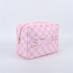 Pink Makeup Bags XL Size Waterproof Nylon Cosmetic Bag with Inner Pocket Check Nylon Zipper Pouch STUFF Sewn On Make Up Bag