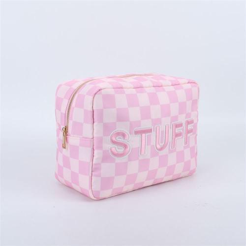 Pink Makeup Bags XL Size Waterproof Nylon Cosmetic Bag with Inner Pocket Check Nylon Zipper Pouch STUFF Sewn On Make Up Bag