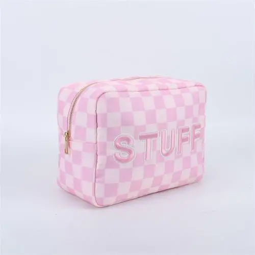 Pink Makeup Bags XL Size Waterproof Nylon Cosmetic Bag with Inner Pocket Check Nylon Zipper Pouch STUFF Sewn On Make Up Bag