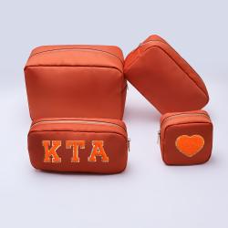 Keymay New Arrival Camel Color Nylon Bag Make Up Pouch Cosmetic Bag Chenille Varsity Letter Patch Travel Makeup Bag