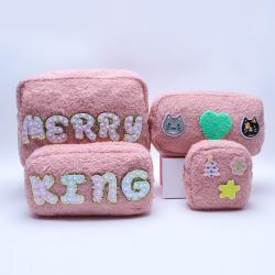 Customize Private Label Fashion Zipper Travel Makeup Pouch Soft Teddy Fabric Sherpa Girls Mini Jelly Plush Cosmetic Bag