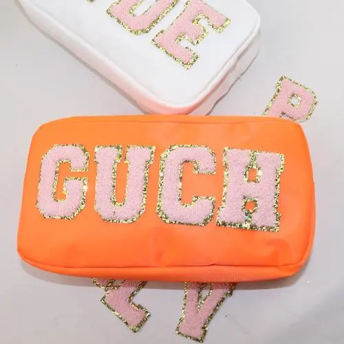 Wholesale Candy Color Travel Cosmetic Pink Custom Logo Toiletry Chenille Patch Women Nylon Makeup Pouches