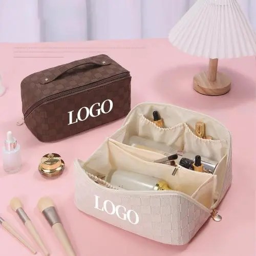 custom fashion designer large capacity luxury vintage plaid checkered pu leather pouch travel storage makeup cosmetic bags