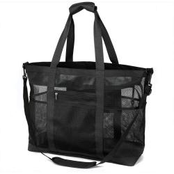 Gelory Wholesale Mesh Beach Toy Tote Bag 9 Pockets Large Lightweight Folding Portable Shoulder Beach Storage Bag