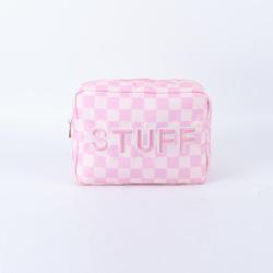 Keymay Custom Checkered All Over Printing Preppy Makeup Bag BEAUTY STUFF XO Letters Nylon Bag For Women Big Makeup Bags