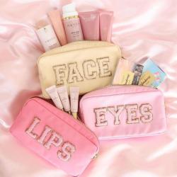 18 Colors Personalized Glitter Chenille Patches Nylon Waterproof Travel Storage Blank Girls Gifts Makeup Pouch Cosmetic Bag