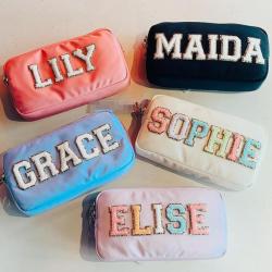 18 Colors Nylon Waterproof Personalized Glitter Chenille Patches Women Girls Travel Toiletry Cute Cosmetic Makeup Bag