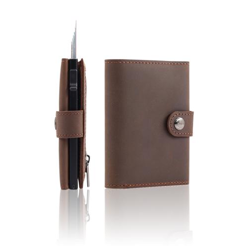 Custom Aluminum Pop Up Wallet Crazy Horse Genuine Leather Metal Wallet Slim RFID Blocking Card Holder Wallet