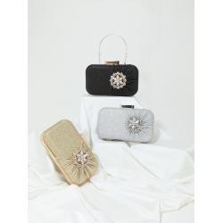 Good quality box clutch bag metal handle handbags glitter fabric shiny rhinestone flower purse tassels evening bag