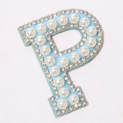 Keymay RTS Stock No MOQ Lightweight Personalized Self Adhesive Letter Patch Rhinestone Pearl Patches Pearl Letter Patch