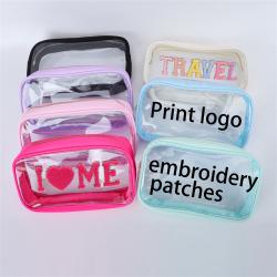 Keymay Custom Private Logo Embroidery Letter Patches Waterproof Girls Clear Zipper Cosmetic Bag PVC Makeup Bag Clear Pouch
