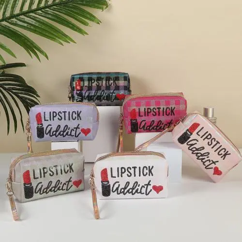 Gelory High Quality Creative Graffiti Lipstick Letter Printing Ladies Cosmetic Bag Pu Clutch Makeup Pouch Bag