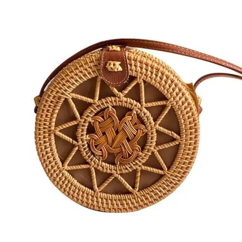 CCF658 Natural Rattan Round Bag Hand ins Straw Beach Bags for Summer Single-Shoulder Handmade Hollow Women Straw Crossbody Bag