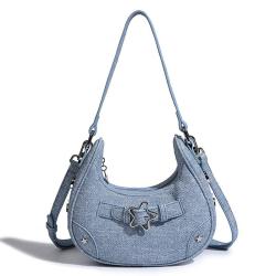 HR281 New Spicy Girl Underarm Bag Popular PU Leather Personalized Star Buckle One Shoulder Women's Bag Blue Denim Cloth Bag