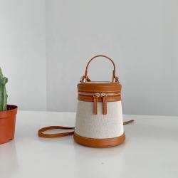 Customized LOGO Canvas Splicing PU Leather Handbag High Quality Fabric Tote Bag Crossbody Fashion Cylinder Bucket Bag