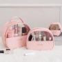 factory 2024 Customized logo Pu Waterproof Half Round Moon Cosmetic Bag Travel Makeup  Bag with Handle