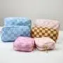 Customized Logo Design Embroidery Pink Makeup Bags Waterproof Nylon Zipper Pouch Letter Sewn On Checkered Printed Cosmetic Bag
