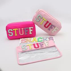 Keymay Hot Sale Stock RTS Low MOQ SNACKS TRAVEL Cosmetics Bag Women Tote Bag With Sewing On Letter Patches Make Up Pouch