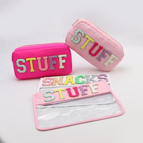 Keymay Hot Sale Stock RTS Low MOQ SNACKS TRAVEL Cosmetics Bag Women Tote Bag With Sewing On Letter Patches Make Up Pouch