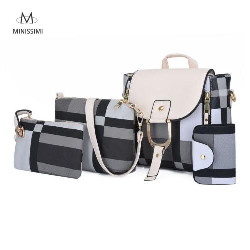 Minissimi Brand Mochila Set Backpack Bag Pu Girls Travelling Backpacks Set Contrast Color 4 Pcs Set Backpack