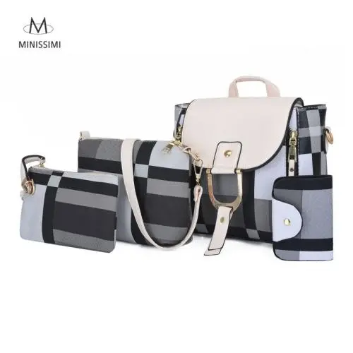 Minissimi Brand Mochila Set Backpack Bag Pu Girls Travelling Backpacks Set Contrast Color 4 Pcs Set Backpack