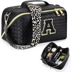 Custom Luxury Makeup Bag Letter patch woven embossed 2 in 1 design crossbody and travel cosmetic bag with strap