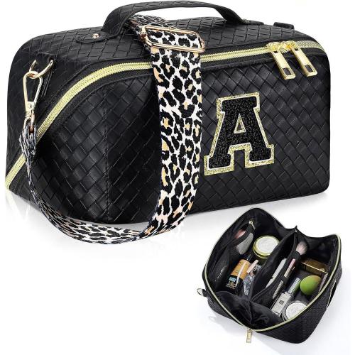 Custom Luxury Makeup Bag Letter patch woven embossed 2 in 1 design crossbody and travel cosmetic bag with strap