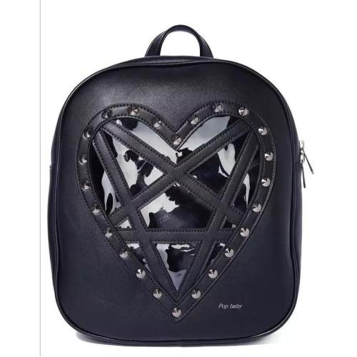 Custom design women leather ita backpack with heart clear window gothic rivet decoration clear PVC Ita bag