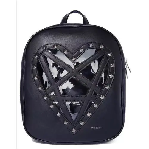 Custom design women leather ita backpack with heart clear window gothic rivet decoration clear PVC Ita bag
