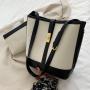 2024 new trend large-capacity canvas stitching bucket bag simple contrast color Joker shoulder bag
