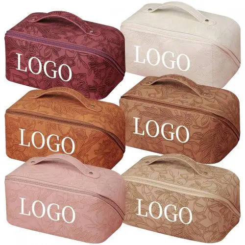 travel storage large capacity wide-open makeup bag pouch waterproof pu leather customized toiletry cosmetic bags for women