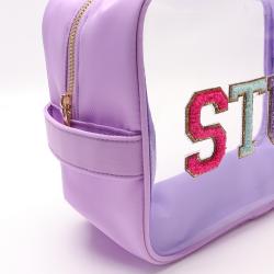 Keymay Stock No MOQ 5 Colors Lilac Clear Bag with Patches Personal LOGO STUFF Travel Makeup Toiletry Bag Zipper Pouches Custom