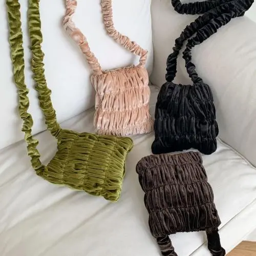 New autumn plush soft shoulder bag light pink mini lipstick bag pleated smooth crossbody bag