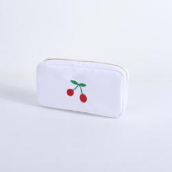 Keymay Custom White Nylon Embroidery Cherry Makeup Bag Quality Metal Zipper for Women Girls Wash Bag Capacity Cosmetic Pouch