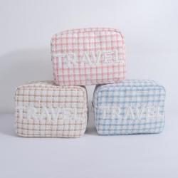 Keymay Hot Sale Winter Embroidery Pearl Letter Cherecked Plaid Tweed Cosmetic Bag Letter Cosmetic Bag Tweed Cosmetic Pouch