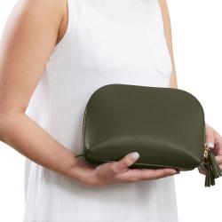 Custom Large Clam Shell Shape Travel Organizer Clutch Cosmetic Pouch Tassel Zipper Puller Beauty Personal Bag Leather Makeup Bag