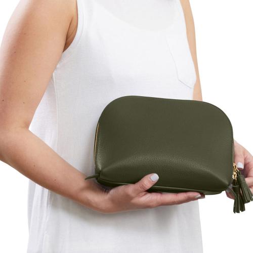 Custom Large Clam Shell Shape Travel Organizer Clutch Cosmetic Pouch Tassel Zipper Puller Beauty Personal Bag Leather Makeup Bag