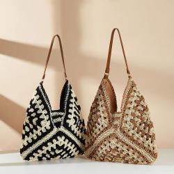 Grass woven hollow flower large triangle contrasting woven beach bag