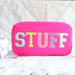 Low MOQ Stock Cute Small Pouch Travel Zipper Jelly Cosmetic Bag Custom Designer Chenille Patches Letter Makeup Bags