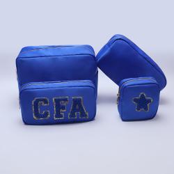 Keymay New Color Royal Blue Nylon Cosmetic Bag Wholesale Chenille Letter Patch Bridesmaids Gift Bag Travel Toiletry Nylon Pouch