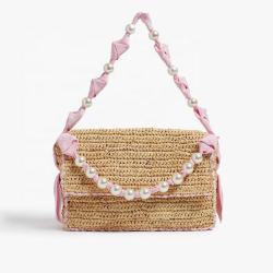 2023 New Arrival Summer Beach Straw Ladies Shoulder Bags With Pearl Chain Pink Fashion Custom Logo Womens Shoulder Bags